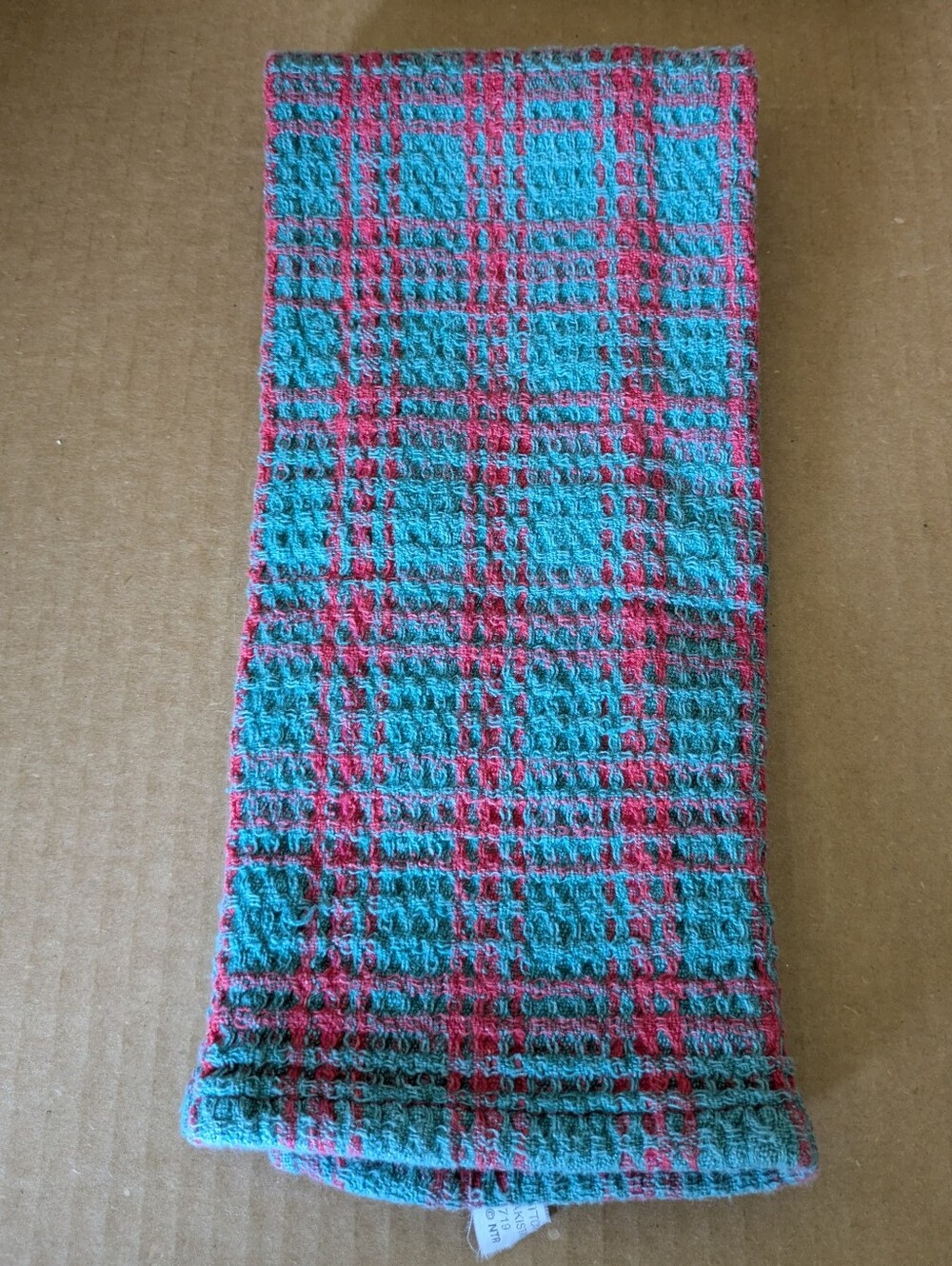 Towel Plaid Hand Towel Teal and Red 100% Cotton